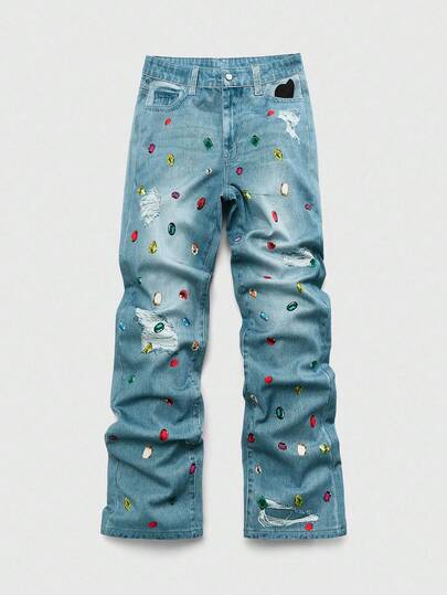 Street Life Men's Colorful Diamond Print Pleated Pocket Casual Denim Jeans