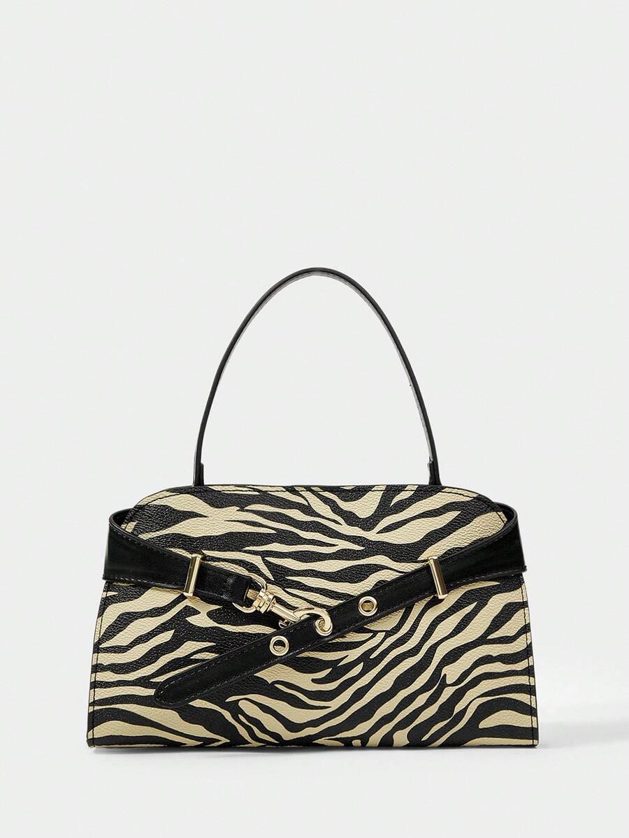 SHECARRY Túi xách nữ quai trên bằng da PU thời trang thu hè đông đi học đi làm đi chơi sang trọng túi xách tinh tế dung tích lớn dây đeo có thể điều chỉnh trang trí bằng kim loại - Đen và trắng - Xem 1