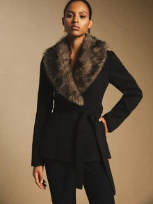 Poéselle Women's Fashionable Elegant Tie-Front Slim-Fit Coat With Detachable Faux Fur Collar-Fall/Winter Holiday Season,Black Cropped Jacket,Black Fur Coat,Teddy Coat,Winter Women Coat, Fur Coat Women, Women Winter Clothes, Black Blazer For Women - Black - View 5