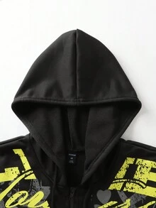 ROMWE MEN Street Life Men's Retro Numeric & Letter Print Hooded Sweatshirt, Fall - Black - View 3