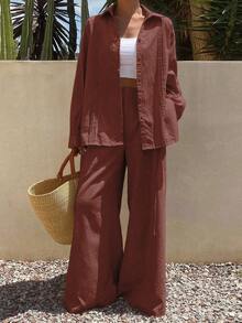 Livesso 女士夏季纯色褶皱衬衫和阔腿裤休闲套装 - 鏽棕色 - 查看 3