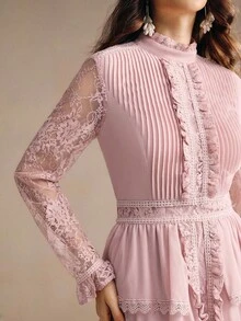 Anewsta Elegant Stand Collar Ruffled Lace Patchwork Romantic Pleated Slim Fit Dress, Suitable For Festival, Wedding Guest, Autumn, Fall, Winter, Going Out, Elegant, Formal, Chic, New Year, Christmas, Work, Graduation, Wedding
