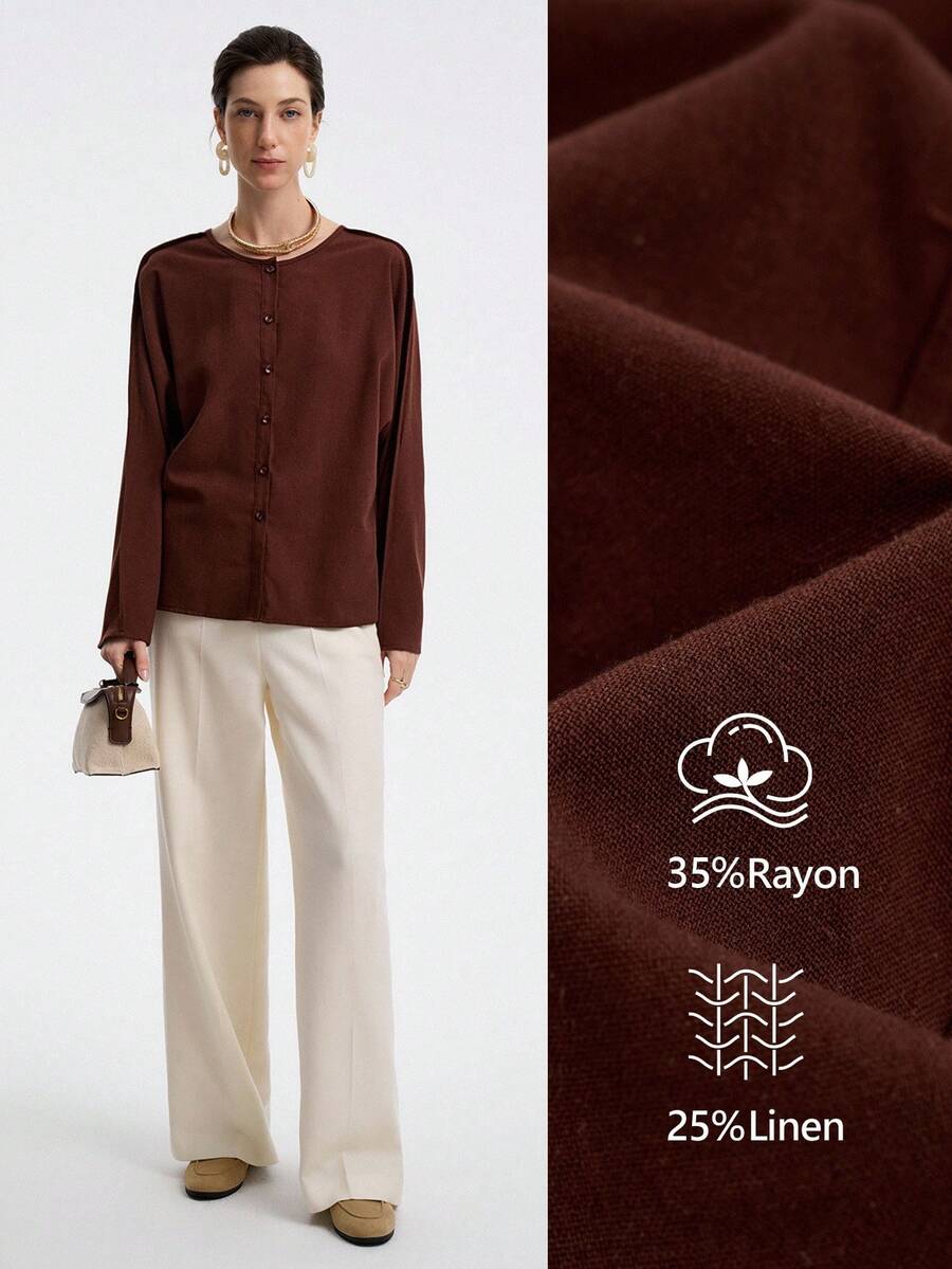 Aalyst Damen elegante Mode Pendler Lässig Komfortable Charmante Retro Minimalistische Hochwertige Umkehrbare Langarm Rundhals Strickjacke Einfarbiges Hemd - Mokka-Braun - Übersicht 1