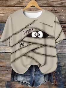 EMERY ROSE Halloween Casual Funny Bandage & Spider Graphic Print Minimalist Plus Size T-Shirt, Summer - Multicolor - View 1