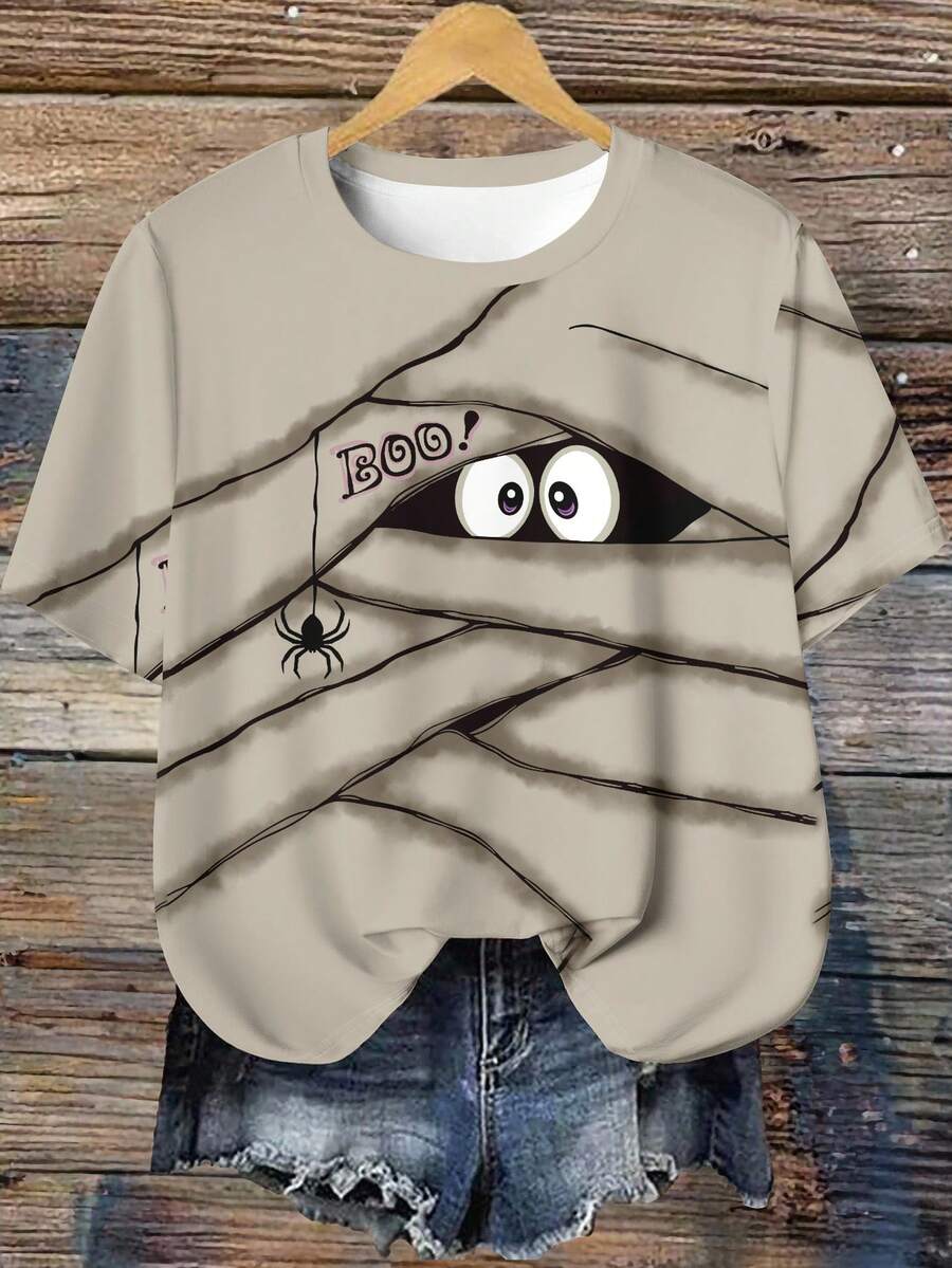 EMERY ROSE Halloween Casual Funny Bandage & Spider Graphic Print Minimalist Plus Size T-Shirt, Summer - Multicolor - View 1