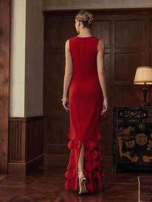 ZEYLAH Elegant Party Custom Asymmetrical Hem Dress - Burgundy - View 4