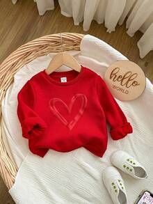 女宝宝可爱休闲简约可爱俏皮爱心图案抓绒纯红色圆领毛衣，适合亲子装、母女装、生日派对、晚宴、演出、婚礼、洗礼、开幕式等场合，日常穿着、上学、旅行、秋冬季皆宜。 - 紅色 - 查看 2