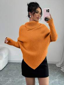 Elenzga 女式不对称蝙蝠翼下摆纯色高领经典针织毛衣，时尚百搭，适合秋冬季节度假穿着 - 黃色 - 查看 1