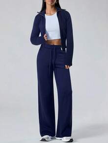 LYSMO 2 件套女士海军蓝拉链开衫和针织裤休闲套装、毛衣套装，秋冬 - 寶藍色 - 查看 3