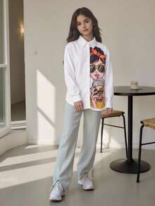 Tween Girls Urban Print Cartoon Character Long Sleeve White Blouse, Autumn - White - View 9