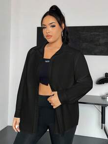 SHEIN EZwear 秋季大码休闲纯色前扣长袖衬衫 - 黑色 - 查看 4