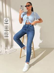 EURMUSE Quần jean denim cạp cao ôm gấu gấp - Rửa trung bình - Xem 5