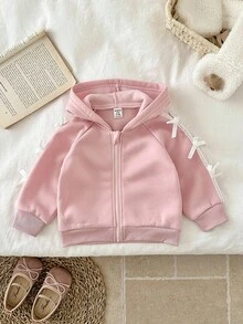 SHEIN 女婴休闲运动连帽夹克，带蝴蝶结装饰，适合秋冬外出 - 粉色 - 查看 1