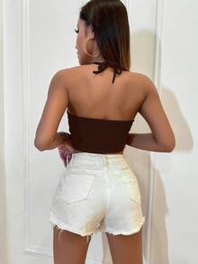 Chiquease 女式纯色短款修身挂脖背心 - 棕色 - 查看 2