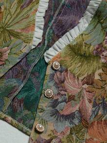 SHEIN X Scot Louie Aveloria Rosie 女士时尚提花面料拼布仿天丝撞色领子荷叶边泡泡超长袖衬衫，初秋 - 彩色 - 查看 5