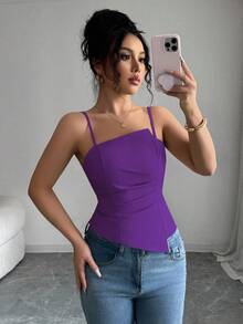 Elenzga Elegant & Cute Pleated Design Women Tank Top - Purple - View 6