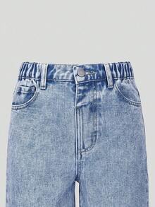 SHEIN ChillGRL Spodnie dresowe dla dziewcząt w wieku nastoletnim, w kolorze jasnoniebieskim, z nadrukiem motyli, luźne, szerokie nogawki, luźny krój, wygodne, codzienne, uniwersalne, do szkoły, casualowe, sprane, dżinsowe - Średni jeans - Zobacz 7