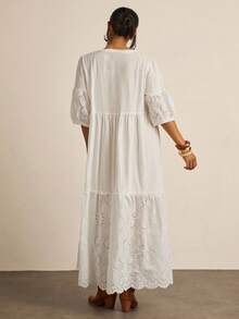 Freevana 大码女式 V 领流苏绳和刺绣纹理 A 字形假日连衣裙，白色长裙，婚礼宾客服装，浪漫波西米亚海滩裙，女士毕业礼服，婚礼宾客礼服，女士夏季波西米亚风女装，女士早午餐服装，女士机场服装，海滩度假服装，城市休闲服装，假日服装，女士白色连衣裙，女士迷你连衣裙，女士西部连衣裙，女士连衣裙，女士连衣裙，派对女士复活节连衣裙，白色连衣裙优雅 - 白色 - 查看 2