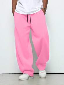 Manfinity Hypemode 男士纯色抽绳口袋休闲宽松保暖运动裤，街头风宽松运动裤 - 粉色 - 查看 3