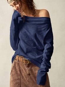 Bohemela Plus Size Off-Shoulder Loose Casual Homewear T-Shirt/Fall/Winter - Navy Blue - View 1