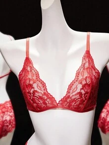 SHEIN 2pcs/Set Lace Wireless Sexy Lingerie Set For Women - Red - View 9