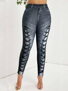 SHEIN Lady 2025 New Women's Elastic Waist Denim Effect Print Casual Leggings Chic Printing Pants For Women  Halloween Costumes  Christmas Going Out Outfit