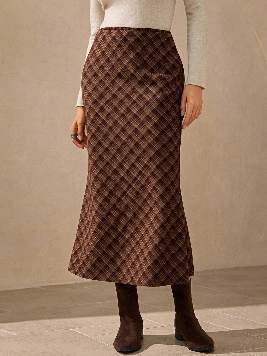 Wildy Vintage Plaid Brown Long Skirt, Casual American Country Western Ranch Style Brown Skirts For Women Plaid Skirt Brown Checkered Skirt Long Brown Skirt Checkered Skirt - Brown - View 1