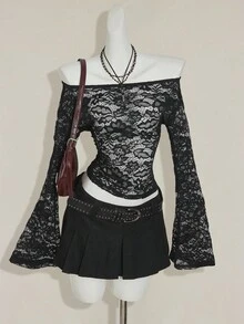 SHEIN ICON Sexy & Fashionable Off Shoulder Lace Long Sleeve Sheer Blouse,Black Tops - Black - View 4
