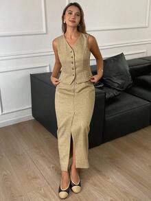 DAZY Conjunto de chaqueta de chaleco ajustada de cuello en V sin mangas y falda recta con abertura en el bajo, para otoño/invierno - Caqui - Ver 6