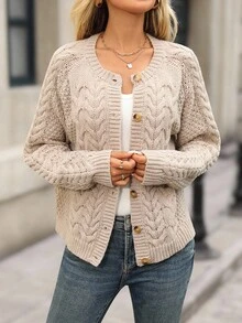 EMERY ROSE Women's Casual Solid Color Button Front Cardigan, Autumn/Winter Fall For Women Winter For Women Women's Winter Sweater Going Out - Khaki - View 5