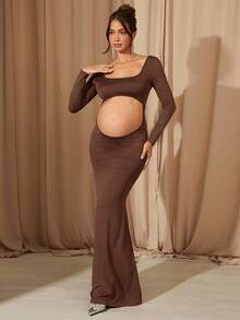 MaterniChic Maternity Solid Color Square Neck Long Sleeve Hollow Out Design Photography Dress - Brown - View 5