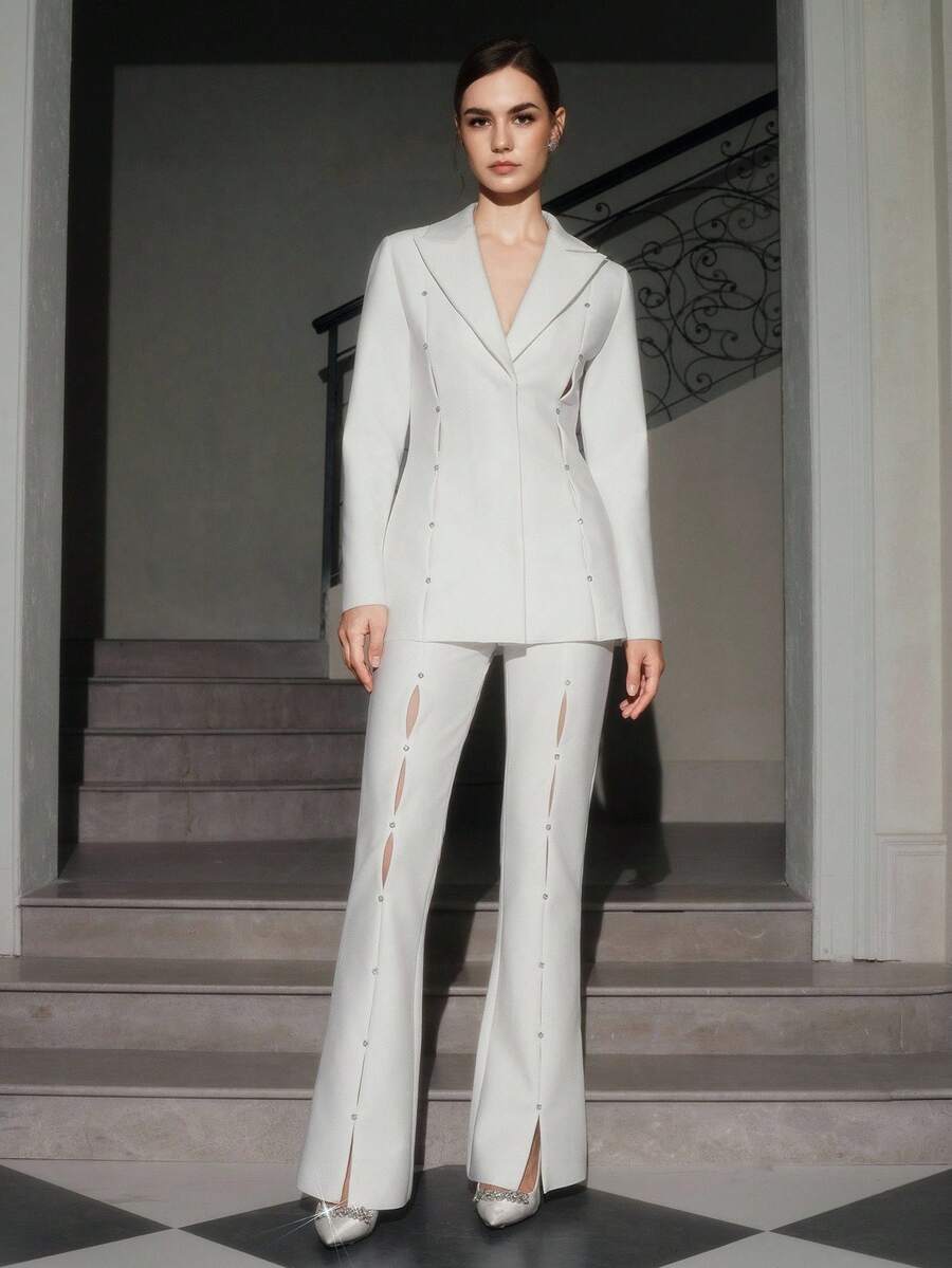 Anewsta 女士白色优雅套装，绷带设计修身剪裁，开衩长裤，高端定制风格 - 白色 - 查看 1