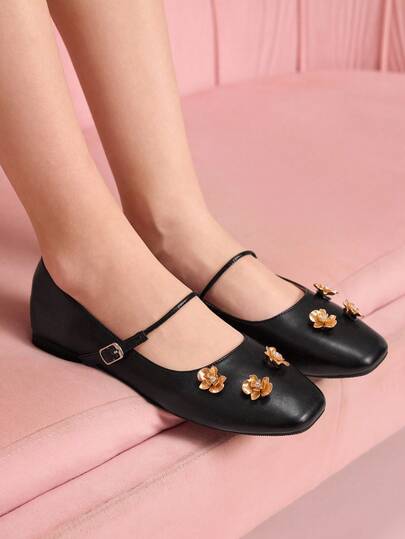CUCCOO DOLLMOD Halloween & Christmas New Vintage Black Metal Flower Decor Mary Jane Flats, Elegant & Graceful