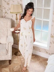CottageSlumber Chiffon Yellow Floral Print Romantic Ruffle Trim Camisole & Pants Pajama Set Sleepwear Sets For Women Women Pajama Sets Summer Lounge Sets For Women Floral Pajama Sets Summer Pajama Sets For Women  Cozy And Elegant Details - Apricot - View 8