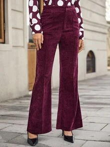 SHEIN Unity Women's Elegant Velvet Seam Front Flare Pants, Solid Color, Autumn/Winter Fall Cloth For Women - Burgundy - View 1