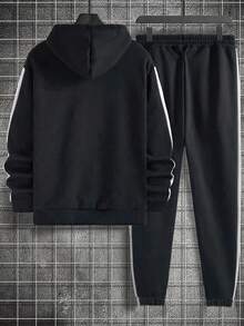EURMUSE Men's Casual Sports Zip Up Jacket With Side Panel & Handwritten English Print + Sweatpants Set - Black - View 2