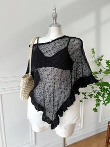 SHEIN EZwear 大码女式绿色荷叶边下摆半透明休闲钩针斗篷，适合夏季外出和约会 - 黑色 - 查看 5