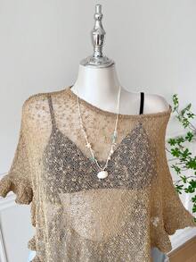 Comfortcana Áo choàng Poncho đan móc mỏng nhẹ viền bèo nhún màu xanh lá cây cỡ lớn dành cho nữ, thích hợp cho những buổi đi chơi và hẹn hò vào mùa hè - Màu Khaki - Xem 4