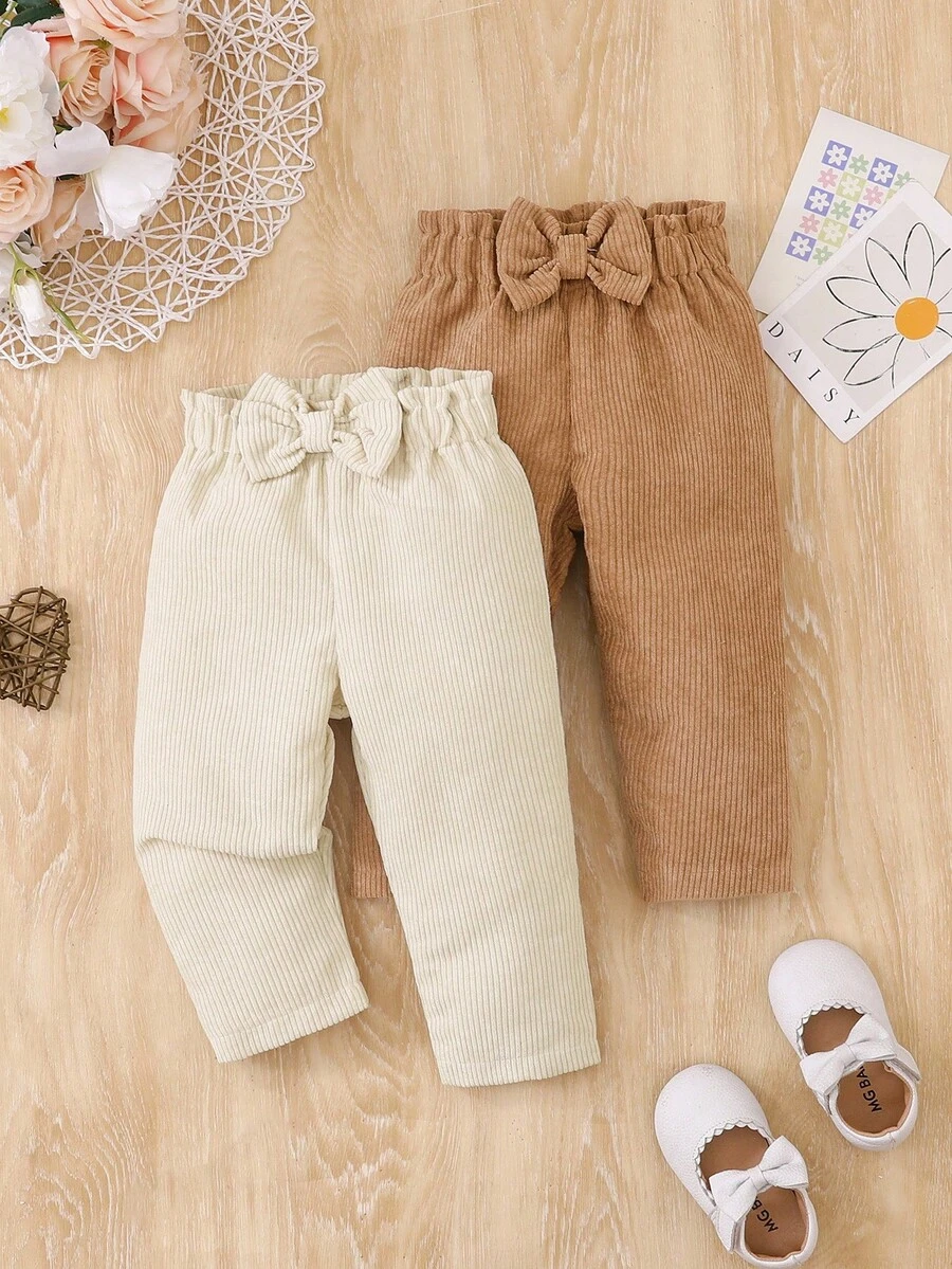 SHEIN Vintaside Kids 女婴休闲灯芯绒裤，带蝴蝶结装饰，时尚长裤，适合春季、秋季及所有季节 - 彩色 - 查看 1