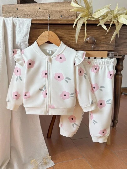 Vintaside Kids Baby Girl Floral Print Crew Neck Long Sleeve Baseball Collar Jacket And Casual Pants Set, Comfortable For Camping And Home Wear, Suitable For Autumn Outdoor Or Indoor Leisure Time Fall Winter