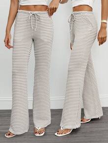 SHEIN Tall 高腰修身女士时尚系带条纹裤 - 彩色 - 查看 3