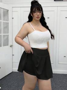 SHEIN EZwear 大码纯色休闲百褶迷你裙 - 黑色 - 查看 10