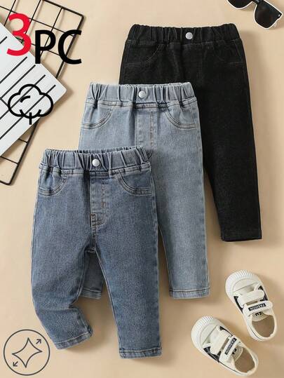 3-Pack Basic Baby Girls Denim Jeans, Casual Waist Button Detail, Versatile Multi-Color, Minimalist Style, Suitable For All Seasons