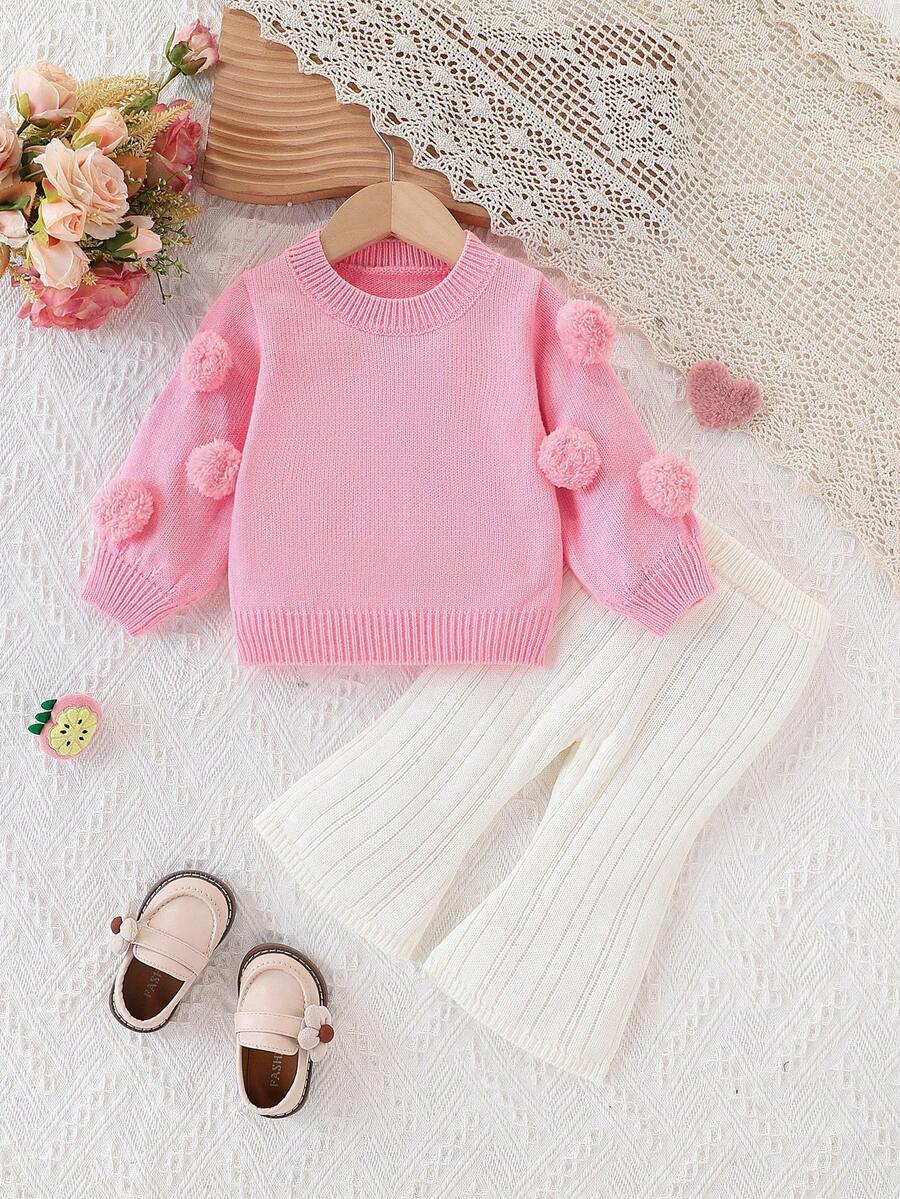 Baby & Girl Fashionable Cute Versatile Ball Decor Sweater Set, Woolen Top & Flared Pants Fall Winter - Baby Pink - View 1