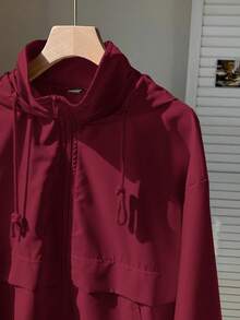 Comfortcana 秋冬女士杏色抽绳口袋编织连帽防晒夹克 - 酒紅色 - 查看 4