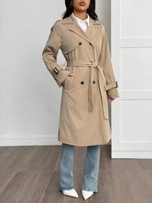 SHEIN PETITE 女式卡其色休闲磨边装饰学院风风衣 - 卡其色 - 查看 7