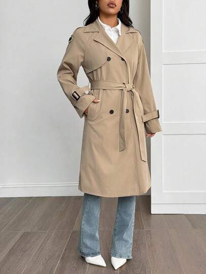 SHEIN PETITE Áo khoác trench coat phong cách đại học, họa tiết rằn ri, thường ngày cho nữ màu kaki