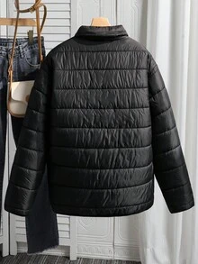 SHEIN Teen Girl Elastic Waist Padded Padded Coat, Winter - Black - View 2