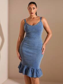 SHEIN BAE 加大码牛仔紧身吊带裙，性感弹力，蓝色 7 月 4 日礼服 女士夏季礼服 毕业礼服 女士毕业礼服 女士礼服 优雅 - 淺色水洗藍 - 查看 8