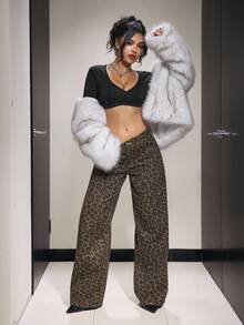 SHEIN PETITE 女款復古休閒豹紋寬鬆大廓形牛仔褲，適合嬌小女性 - 棕色 - 查看 2